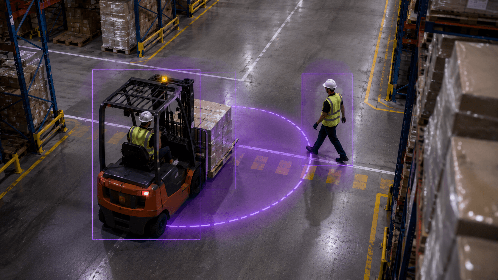 Warehouse forklift scene used for AI safety monitoring