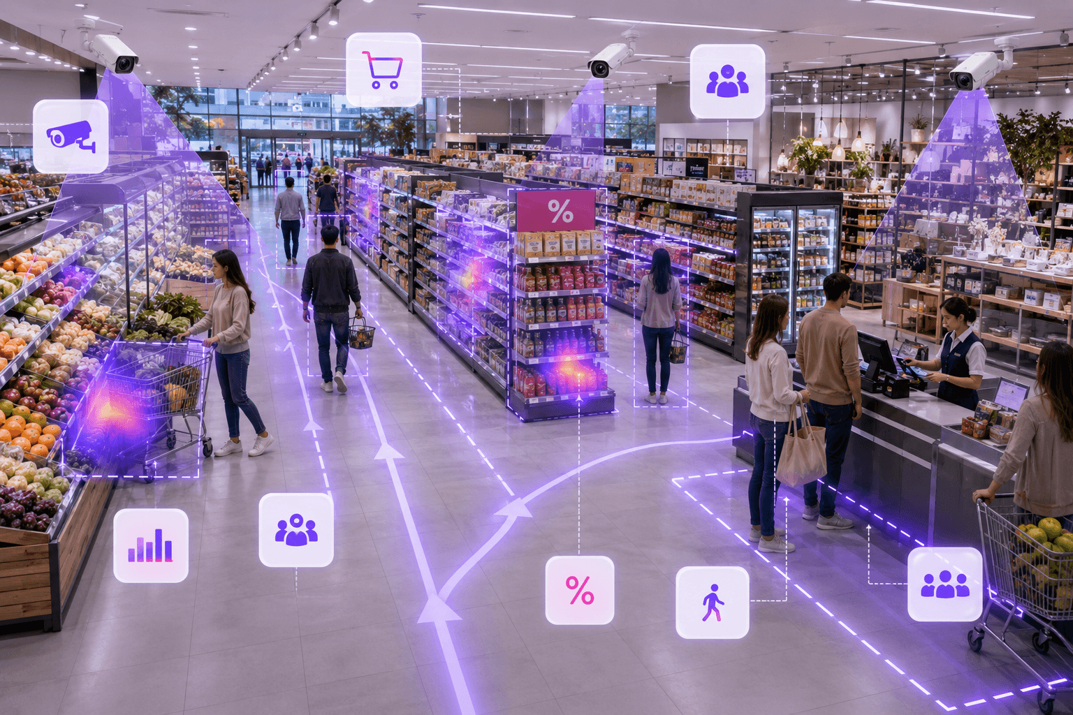 Retail store with AI customer flow and engagement analytics
