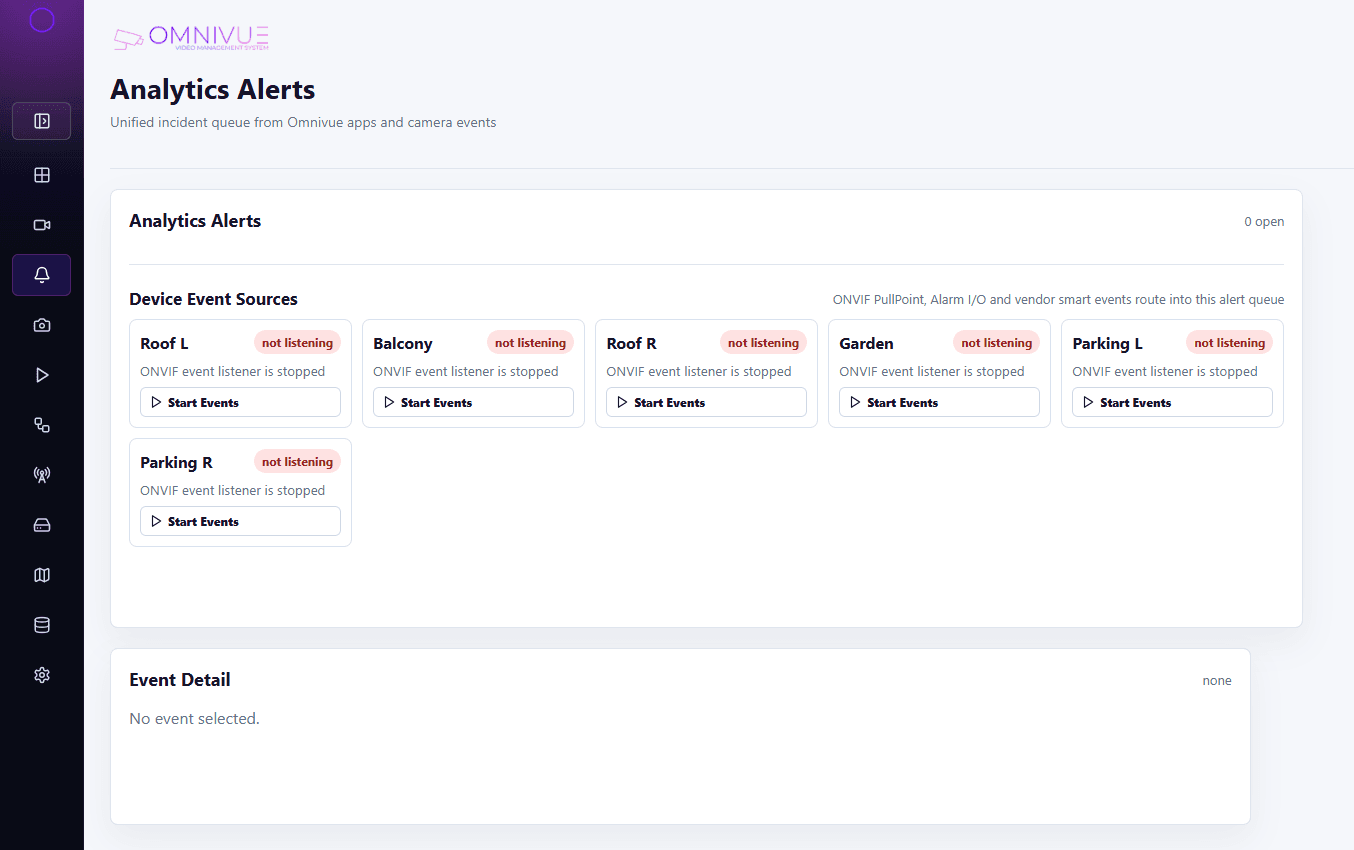 Omnivue VMS analytics alerts screenshot with ONVIF event source cards