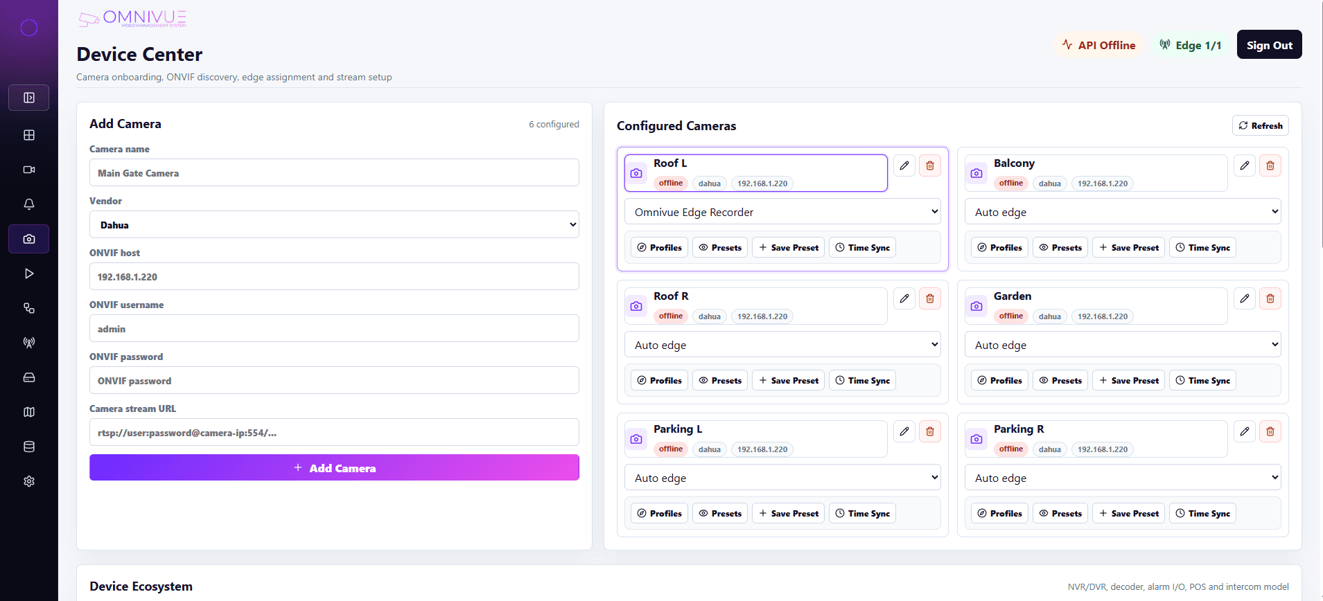 Omnivue VMS camera management screenshot