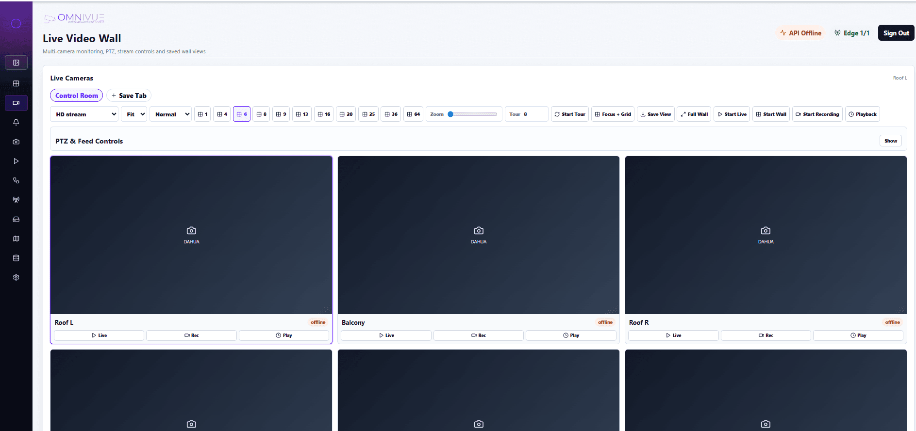 Omnivue VMS live video wall screenshot with multi-camera monitoring controls