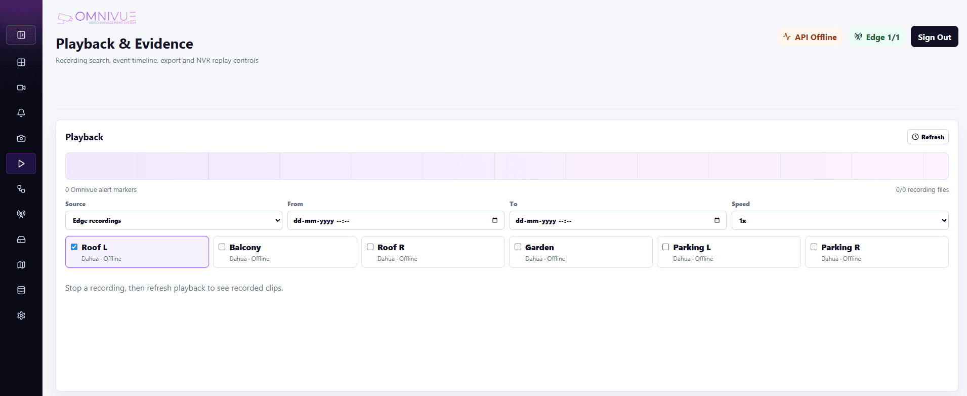 Omnivue VMS playback and evidence screenshot with recording timeline controls