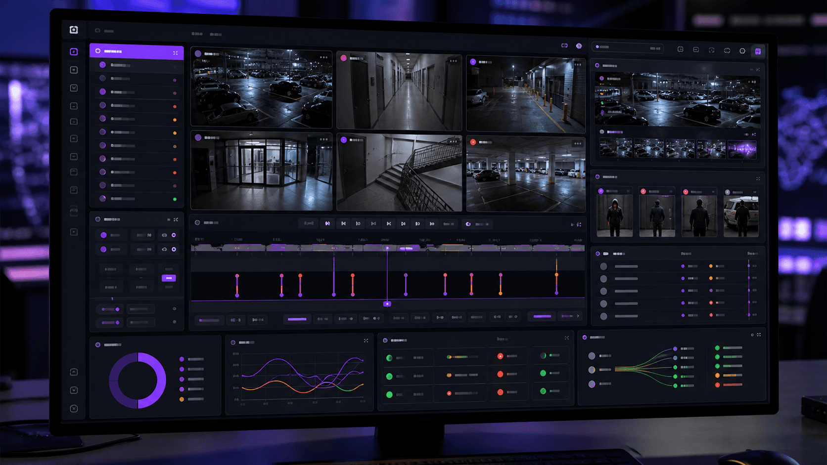 Omnivue VMS event review screen with playback timeline, evidence panels and camera health indicators