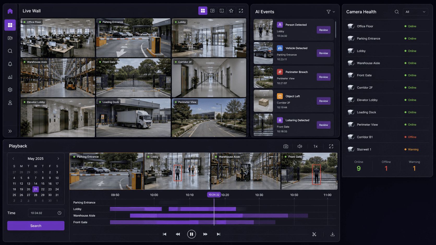 Omnivue VMS collage showing live wall, playback, AI events and camera health