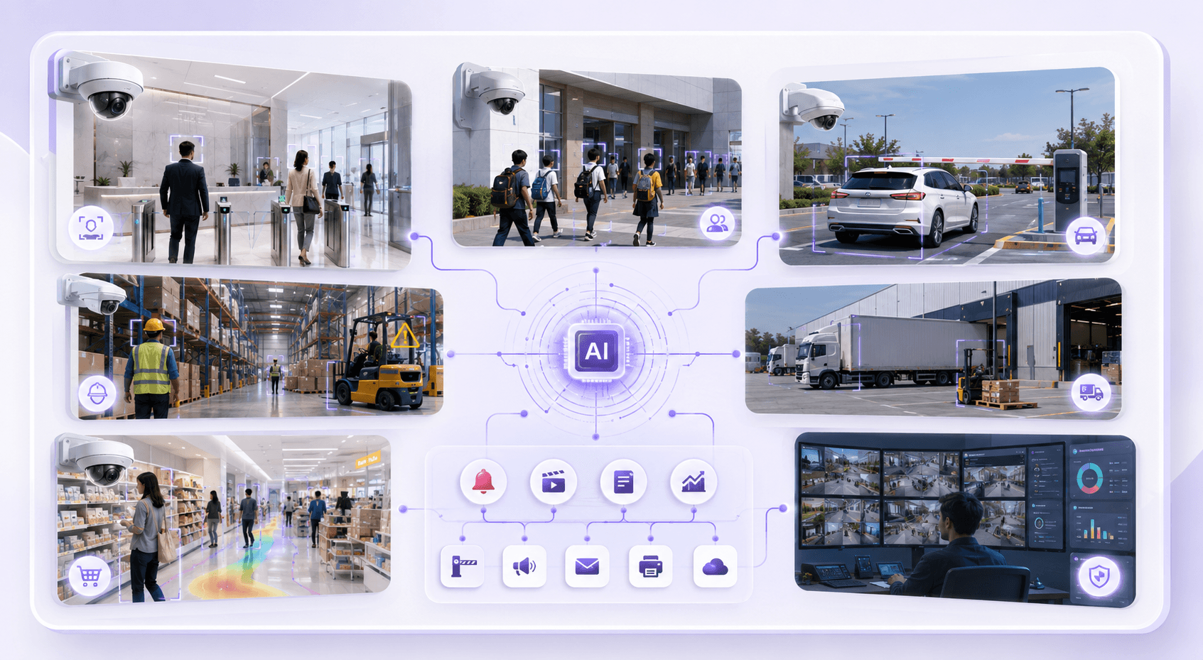 Omnivue AI video intelligence solutions across access, attendance, parking, safety, warehouse and retail operations